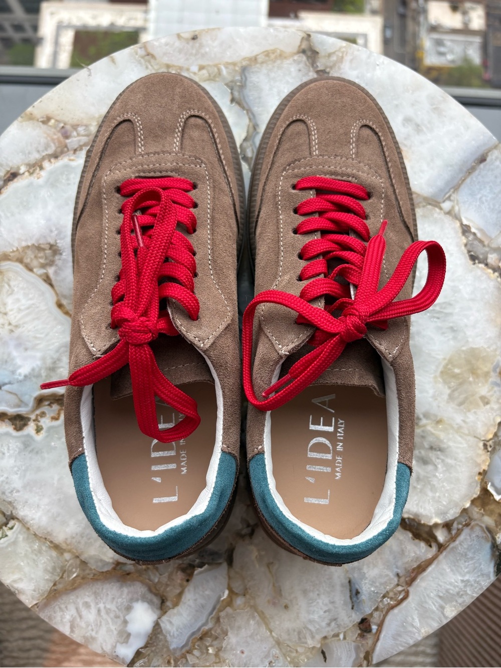 L'Idea women’s Suede Casual Sneakers - Taupe with Red Laces
